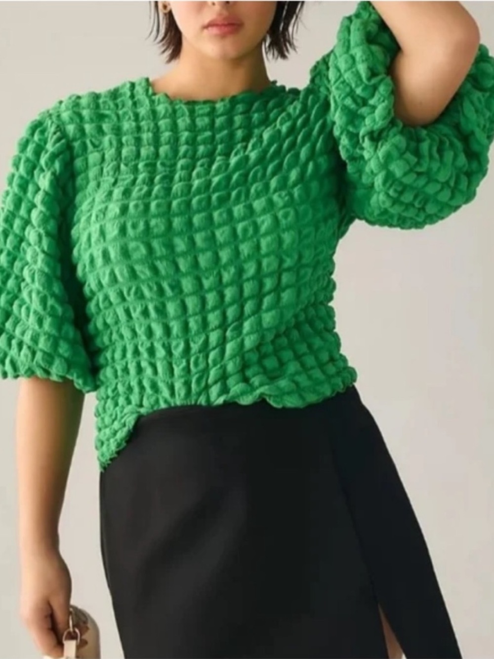Anthropologie Eri + Ali Textured Bubble Kelly Green Puff Sleeve Top EUC Size M